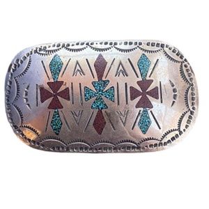 NAVAJO INLAID TURQUOISE & CORAL BELT BUCKLE.